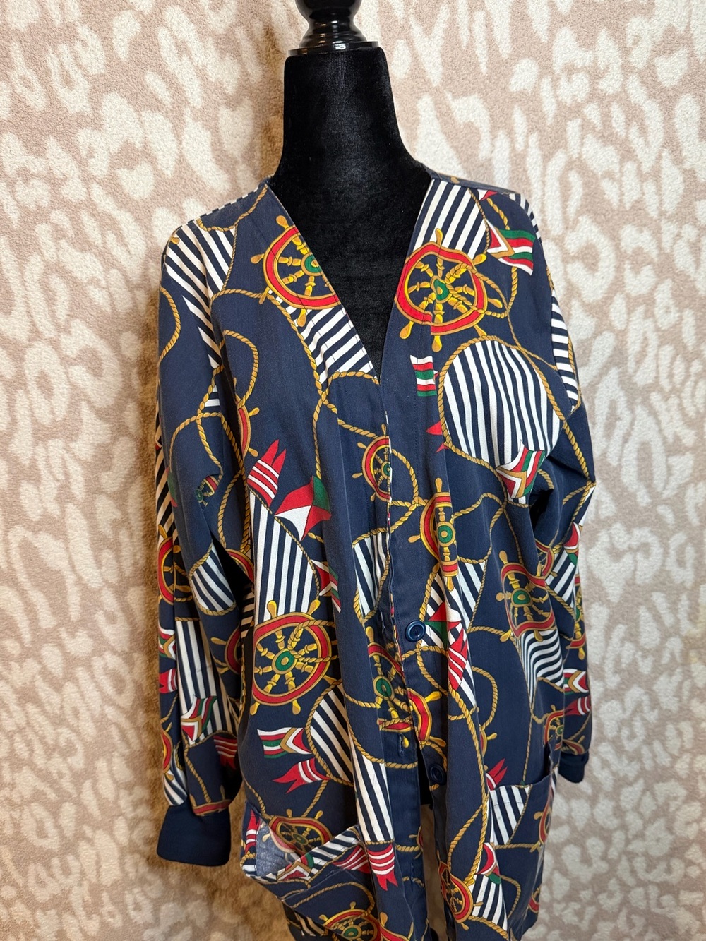 Vintage Landau Nautical Print Jacket L Made USA Cinched Waist